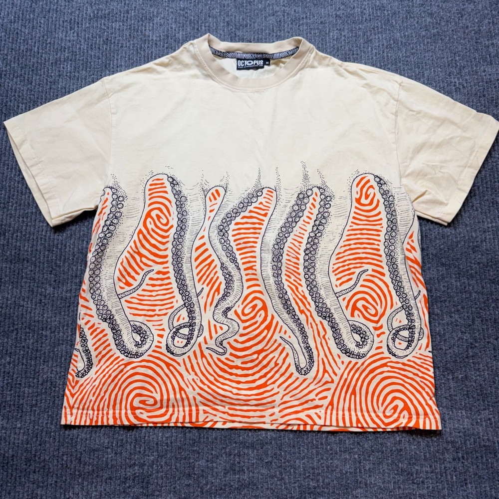 Octopus Brand Mens Medium Beige Orange Tentacle Graphic Tee Oversized Italy